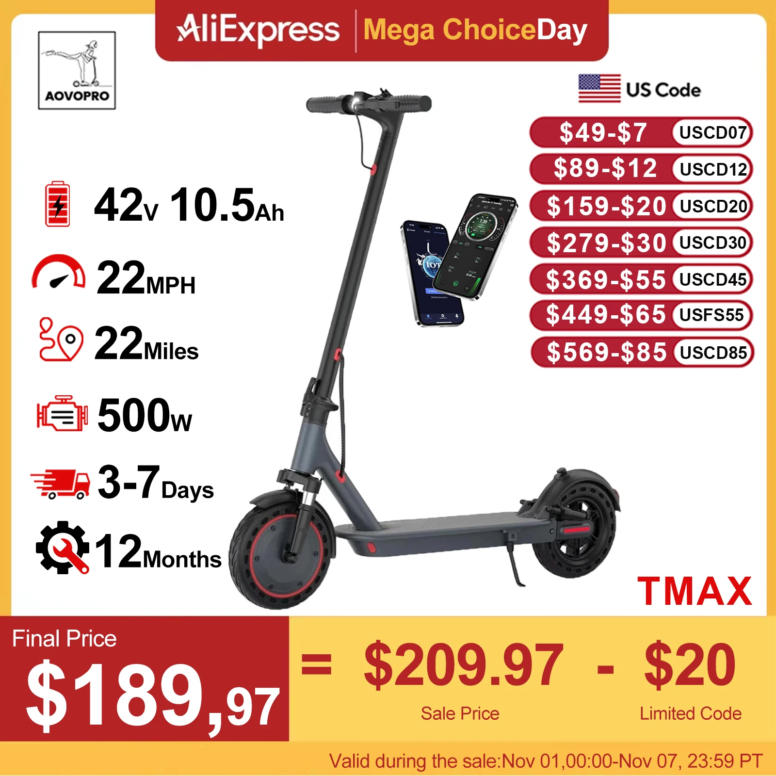 AOVOPRO TMAX 10inch Electric Scooter 500W 22MPH Adult APP Smart Scooter Shock-absorbing Anti-skid Folding Electric Scooter