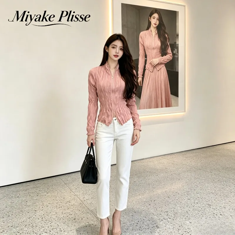 Miyake Pleated 2026 Autumn New Solid Color Zipper Pleated Cardigan Trendy Casual Versatile Simple Fashion Top for Women Pleat