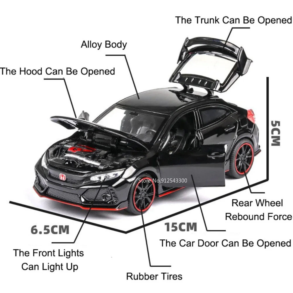 Maßstab 1:32 Honda Civic Type-R Spielzeugautomodell Metalldruckguss Sound Licht Zurückziehen Miniaturspielzeug Modelle Hobbys Sammlung Geschenke