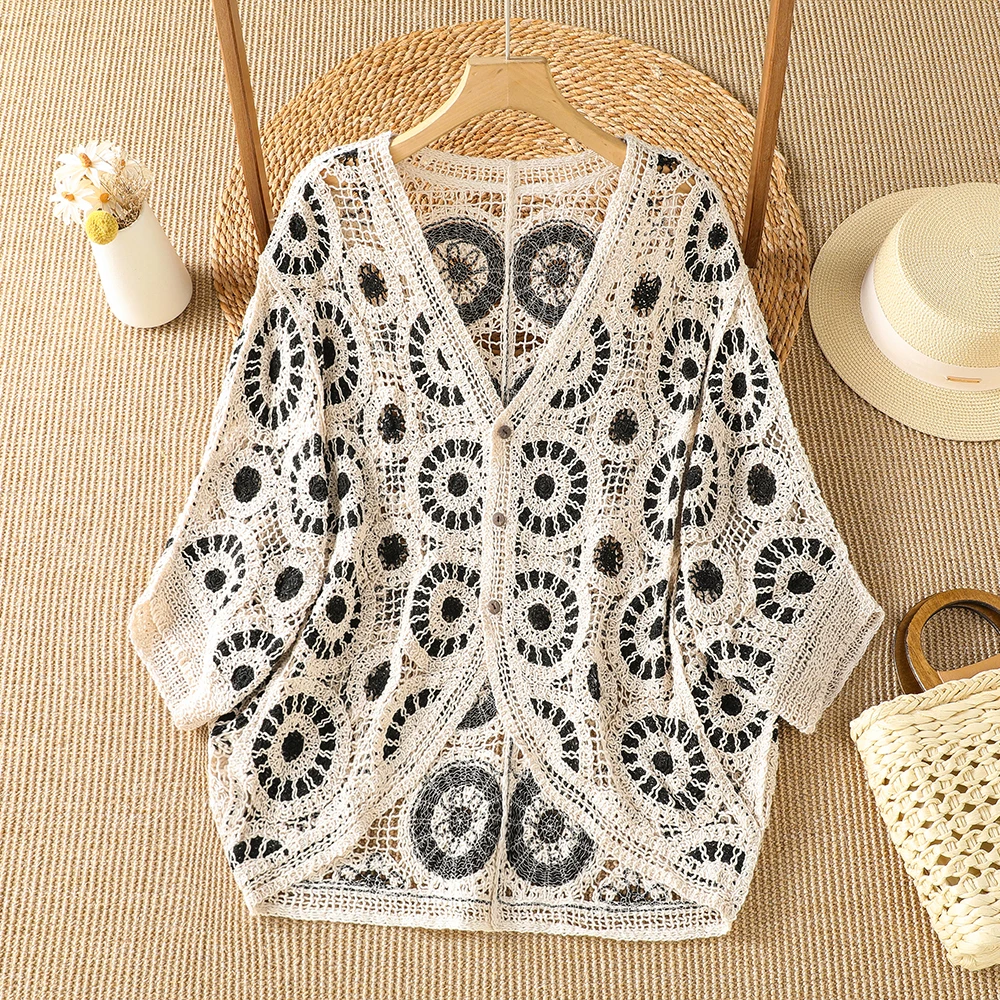 

Korean Style Women's Summer New Hollow out V-neck Shirt Jacket Thin Knitted Top Breathable Casual Fashion Ladies' Blouse