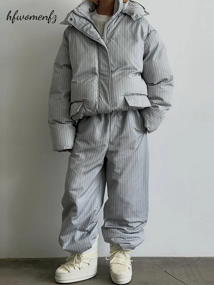 Women's Oversized Winter Striped Jacket Pant Set Hooded Loose Padded Coat Elastic Waist Pants Lady 2 Pieces Thick Warm Snow Suit