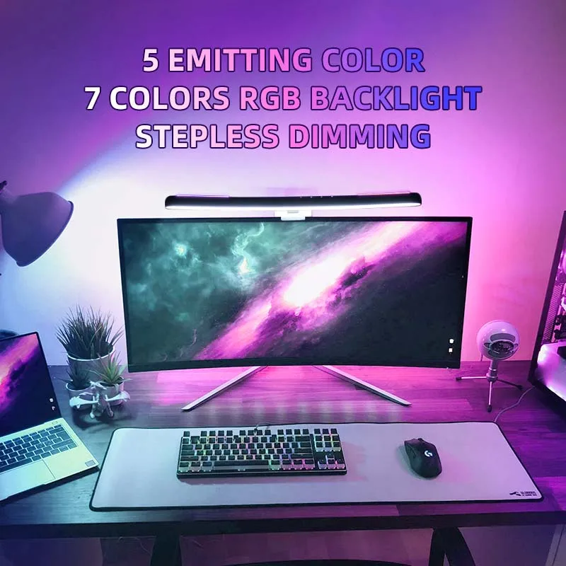 Luz colgante de pantalla con atenuación continua por USB, lámpara de escritorio para el cuidado de los ojos, luz de fondo RGB para ordenador,