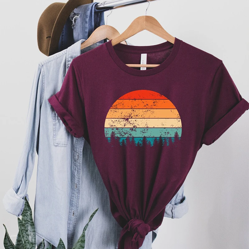 Vintage Sunset Sunshine Printed Women T Shirts Retro Short Sleeve O Neck Clothes Ladies Hiking Camping T-shirt Summer Fashion