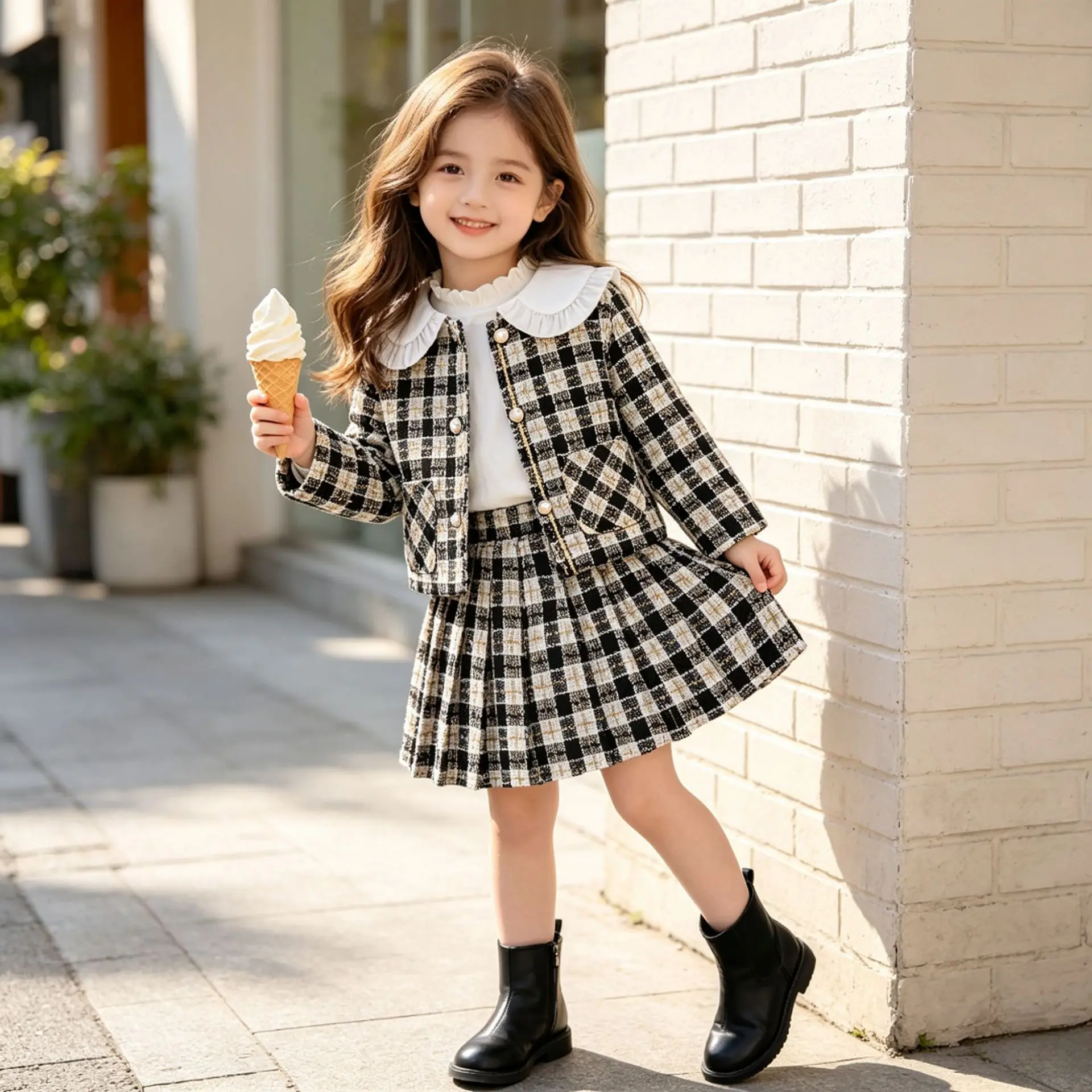 Girls Plaid Tweed 2 Piece Outfit Kids Elegant Checked Jacket + Pleated Skirt Set Spring Autumn Children Plaid Fashion Clothing