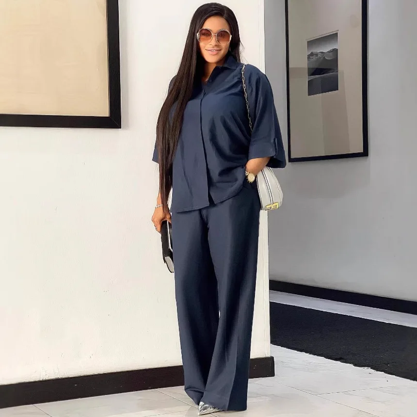

Women Two Pieces Pant Sets Solid Matching Set Half Sleeve Shirt Floor Lenth Wide Leg Pant Loose Office Lady Casual 2025 Autumn