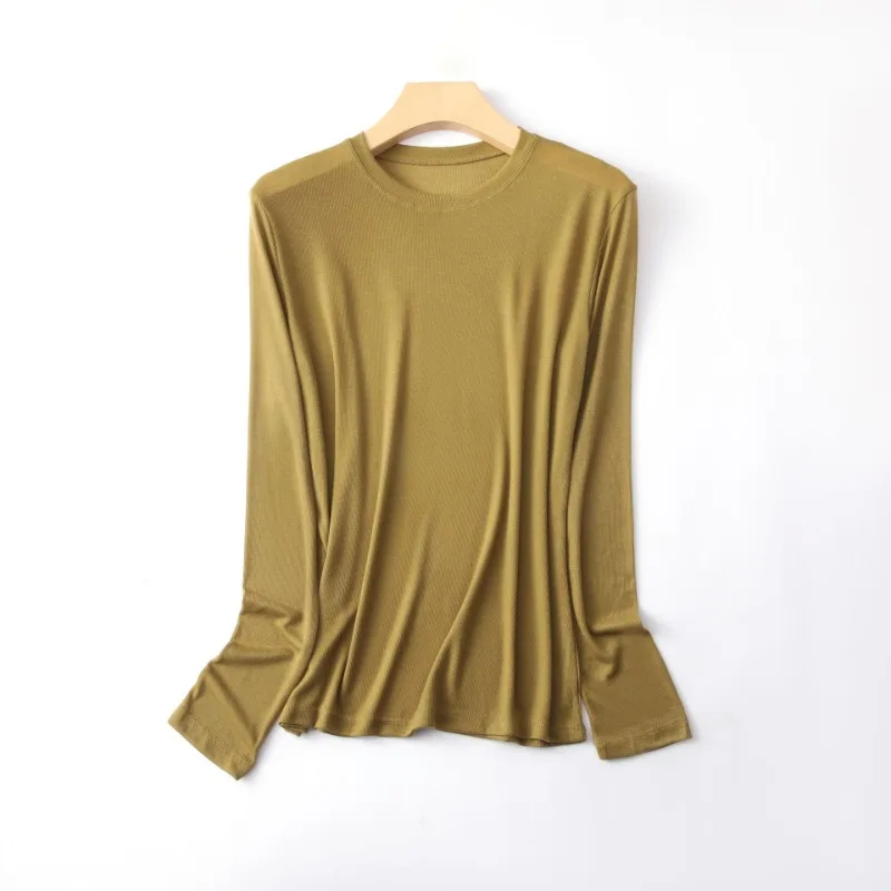 Solid T-shirts Women O-neck Lyocell Fabric Thin Long Sleeve Thin Sun Protection Korean Style Simple Cozy Temperament All-match