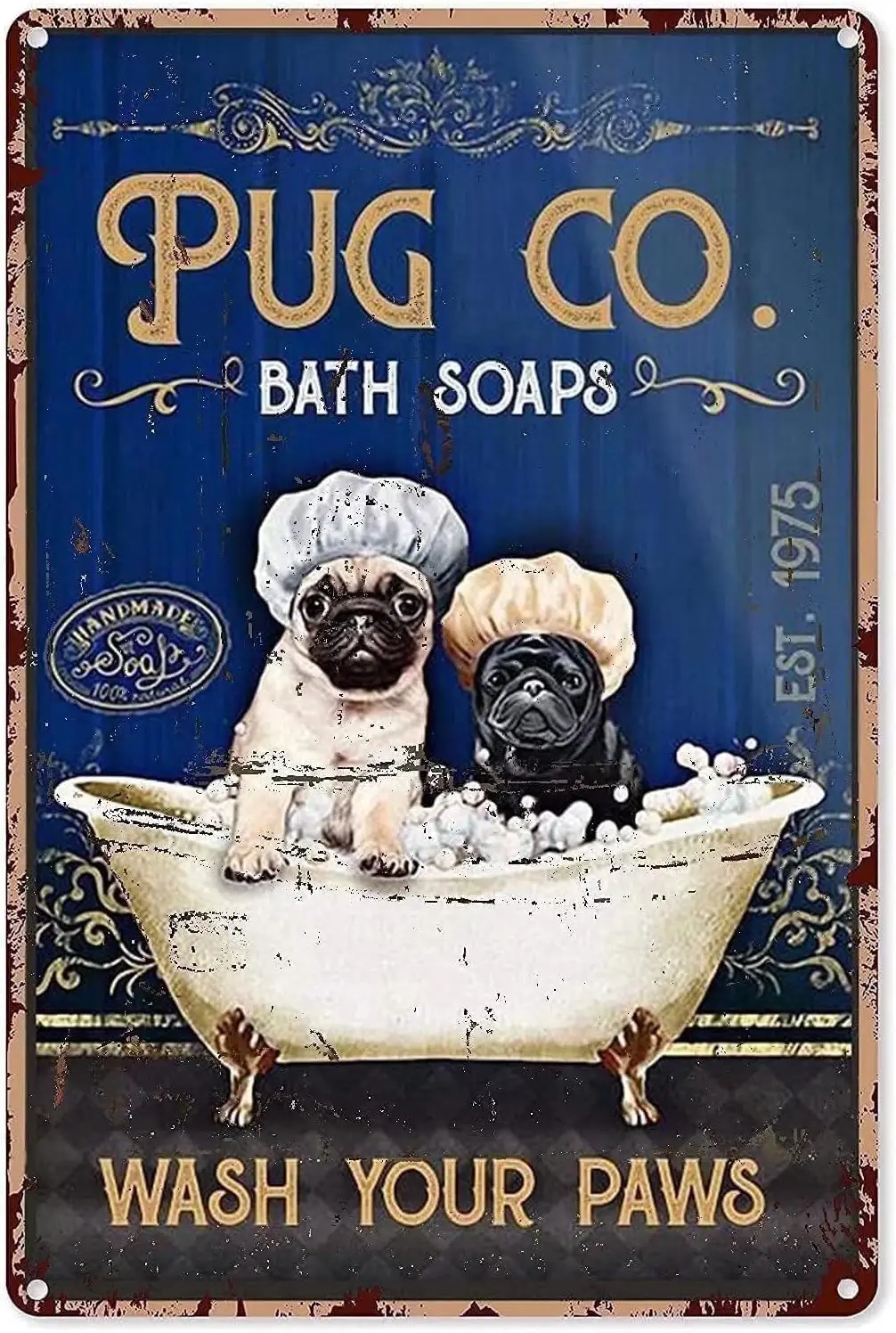 Retro Metal Aluminium Tin Sign Pug Bathroom Metal Tin Sign,Wash Your Paws,Bathroom Quotes Signs Wall Decor Vintage Bathroom Retr