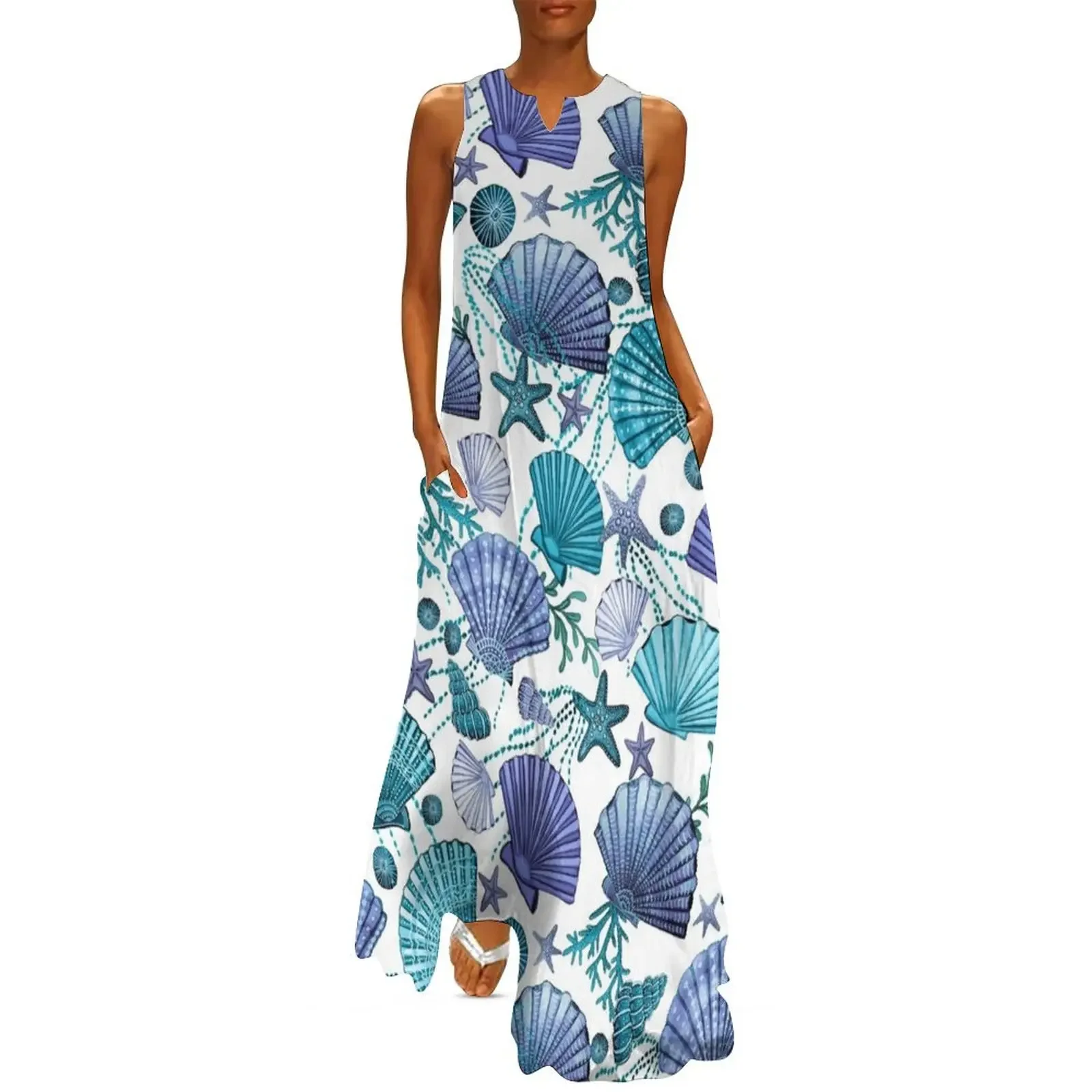 

starfish blue seashells on white Long Dress Casual dresses luxury evening dress woman for wedding clothes Dress