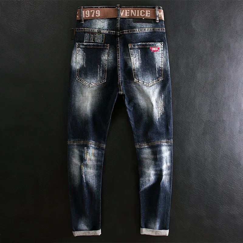 Streetwear Fashion Men Jeans Retro Black Blue Stretch Slim Fit Ripped Jeans Men Embroidery Designer Hip Hop Vintage Denim Pants