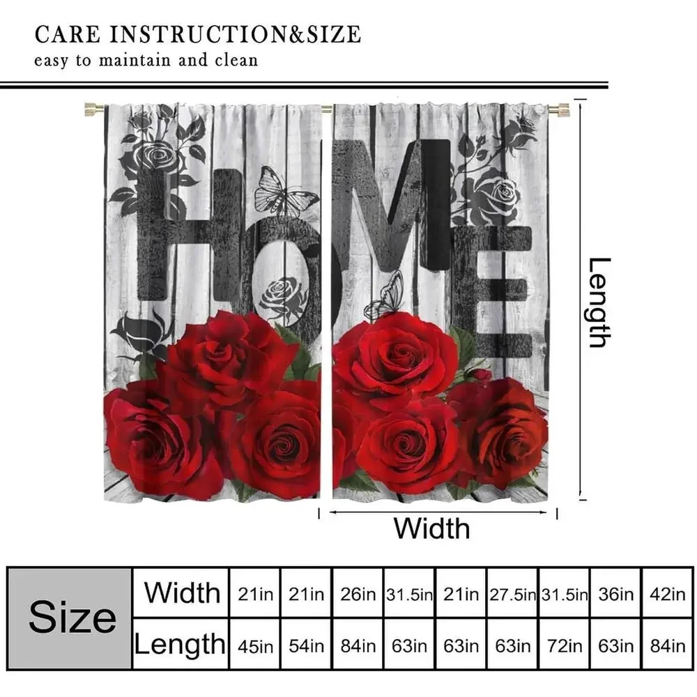 Rustic Wooden Floral Vintage Black Red Curtains, 84 x 84, Ideal for Valentine's Day Bedroom Decor