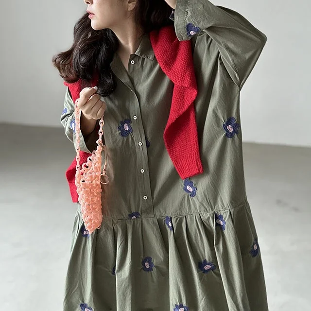 Chique dames lange Dr herfst winter nieuwe Sle ontwerp retro borduurwerk bloem losse afslankende Dr Ci woon-werkverkeer enkele knop