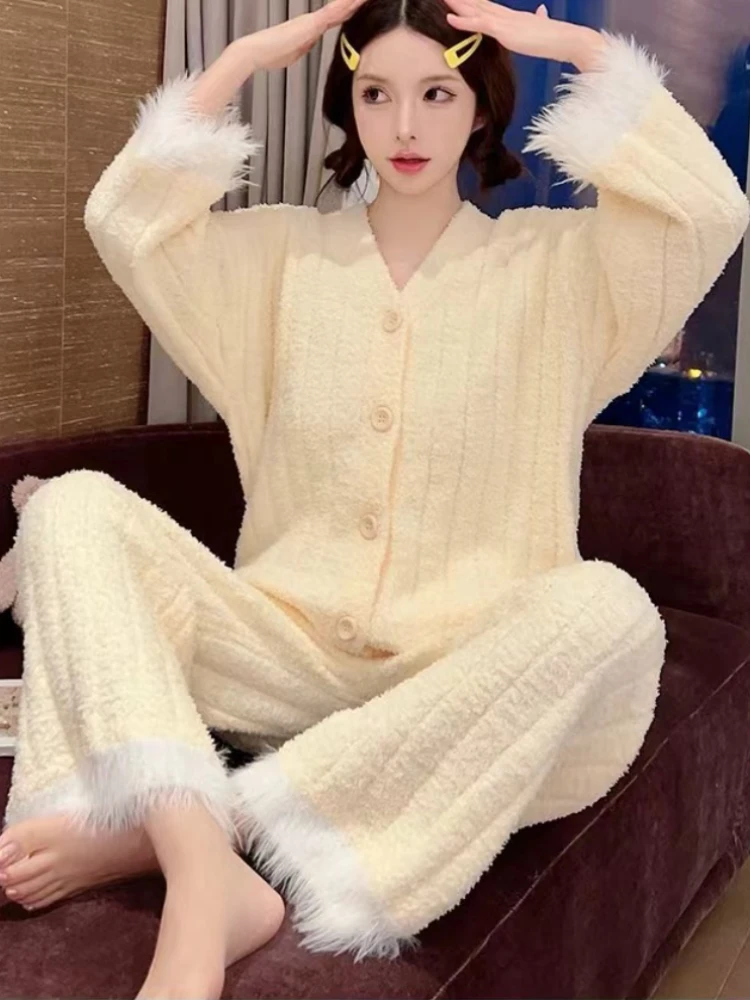 Coral Velvet Thicken Pajamas Suit Women\'s Autumn Winter New Imitation Ostrich Wool Soft Cardigan+Pants Outside Wear Home Clothes