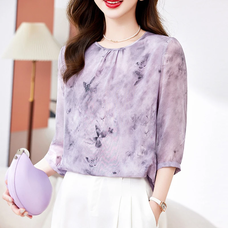 

Elegant Chic Shirts and Blouses for Women Summer 100% Real Silk Women's Butterfly Print Shirt Woman Casual Blouse Loose Tops