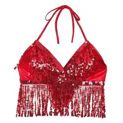 Fashion Sequin Tassel Belly Dance Bra Women Performance Top Halter Bra Show Costumes Dance Wear For Thailand/India/Arab