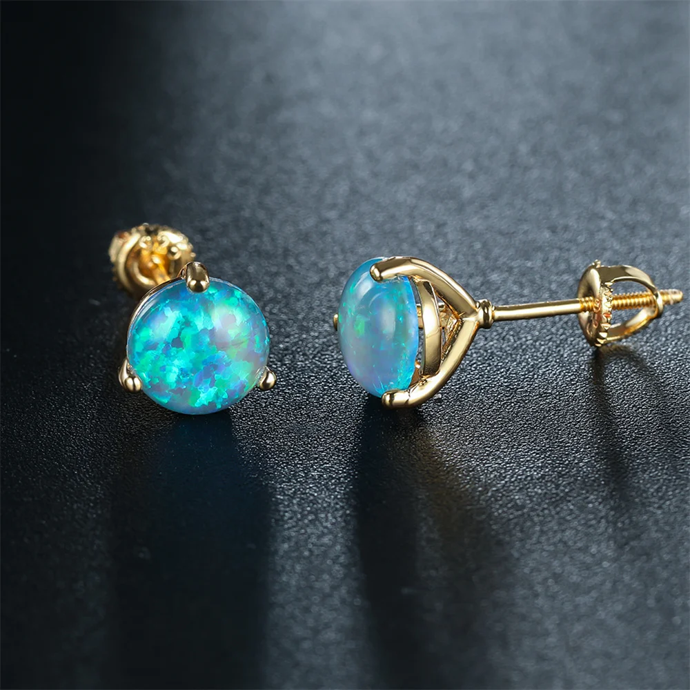Blue Fire Opal Stud Earring 6/7/8MM Round Stone Screw Back Earrings For Women Vintage Gold Color Wedding Jewelry Minimalist Gift