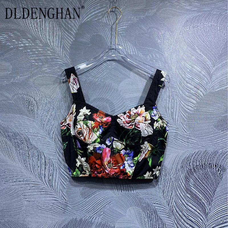 DLDENGHAN Short Crop Top Vest Summer Spring New Fashion Design Women Runway High Quality 100% Cotton Flower Print Vintage