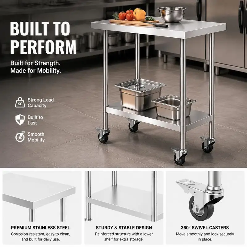 Table de travail en acier inoxydable, table de préparation avec 4 roulettes, 3 niveaux de hauteur réglables, table de préparation alimentaire pour cuisines commerciales et restaurants, argent