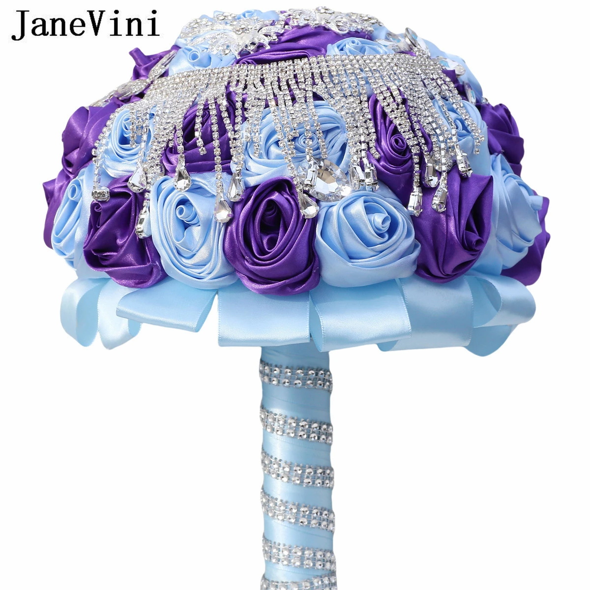 JaneVini Bling Bling Crystal Rhinestone Wedding Flower Bridal Bouquet Purple Light Blue Silver Jewelry Bride Fake Flower Bouquet