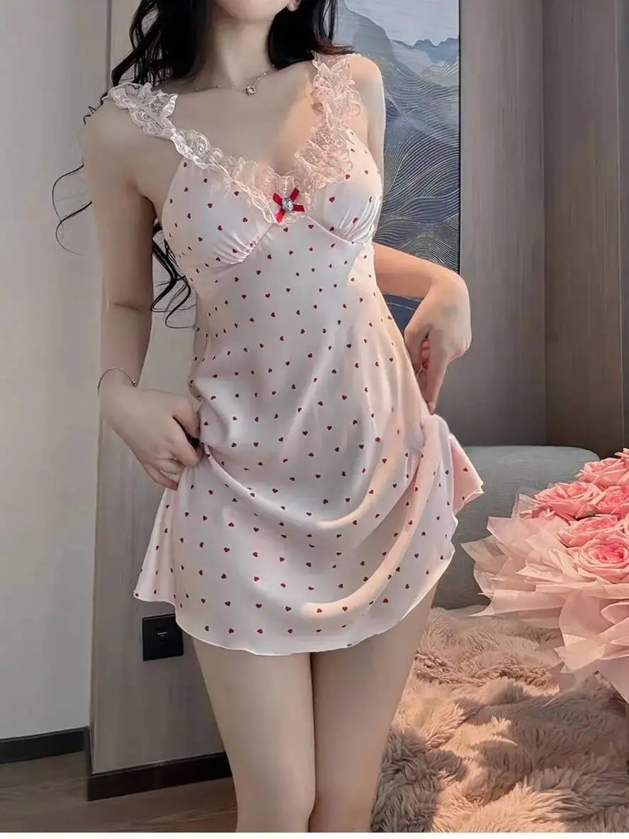 Butterfly Silk French Strap Dress Ice Silk Nightdress Pink Heart Lace Girl Summer Thin Casaul Pure Desire Style Dress Charm 0M4T