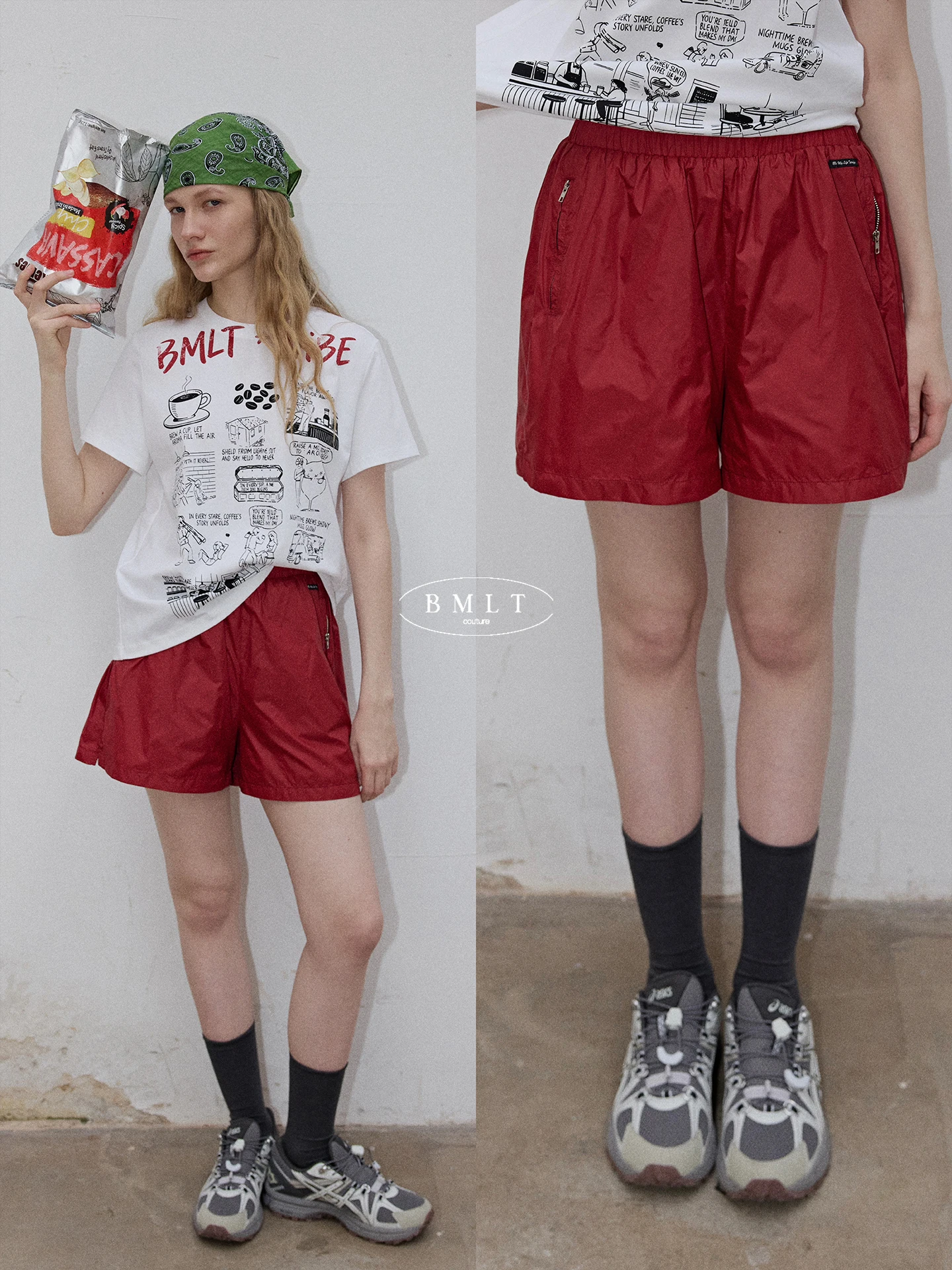 

Женские шорты BMLT Cherry Glutinous Summer 2026: Новые, прямые, с эластичным поясом, красные, универсальные, повседневные, утягивающие, спортивные, с карманами