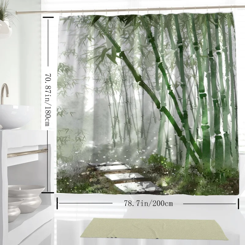 1pc Bamboo Forest & Stone Path Printed Shower Curtain, Greenery Nature Scene Bath Decor, Water-resistant Polyester Fabric For Ba