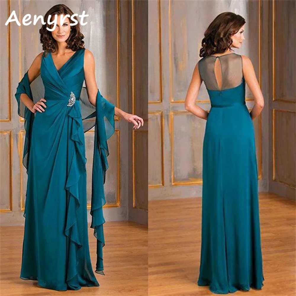 Aenyrst V Neck Chiffon Mother Dresses With Cape Pleated Spaghetti Strap Prom Gowns Floor Length Dinner Party Dress Custom Made