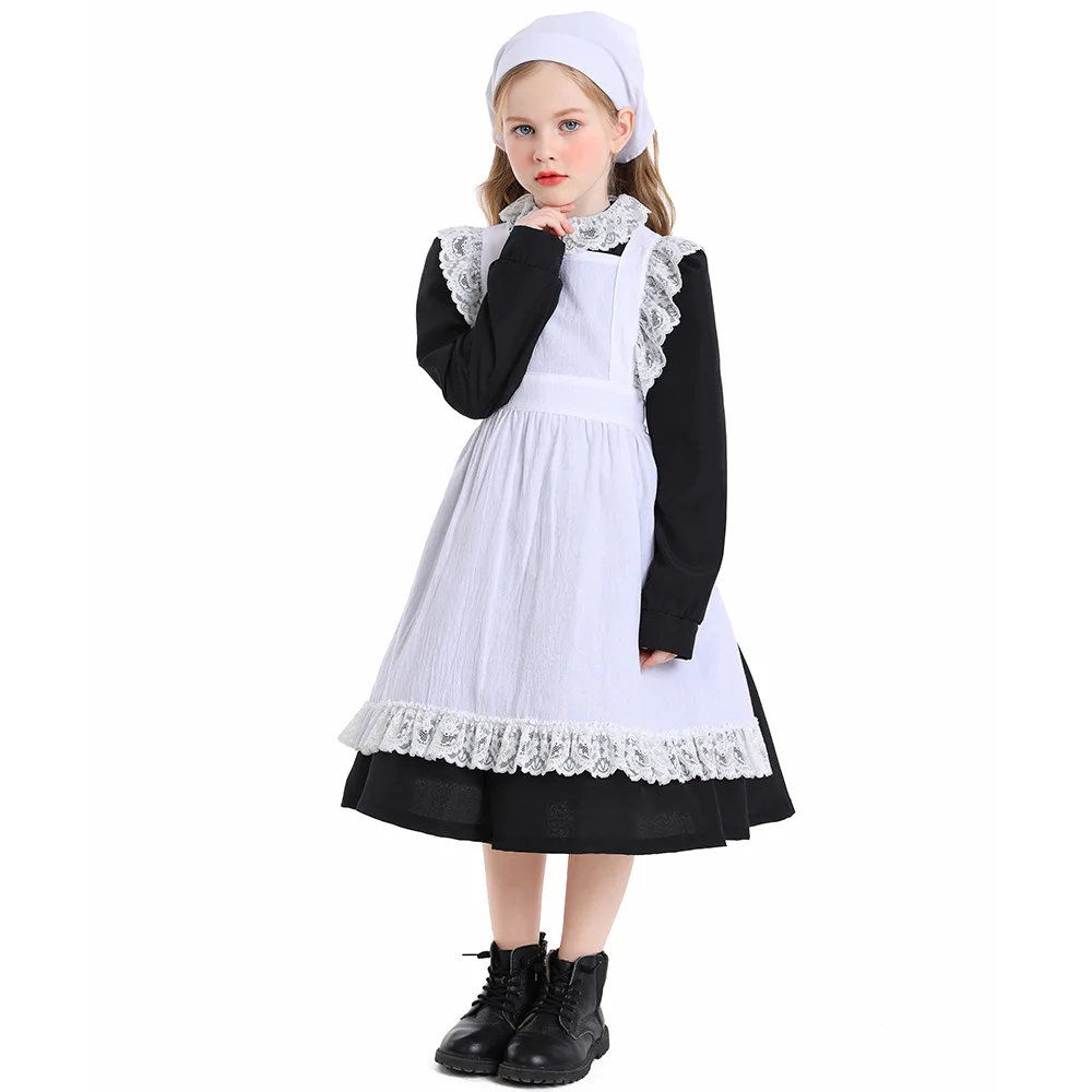 Costume Lolita en dentelle noire et blanche pour enfants, fête d'Halloween pour filles, performance sur scène, femme de chambre de ferme, vêtements trempés, d'échantillons ans