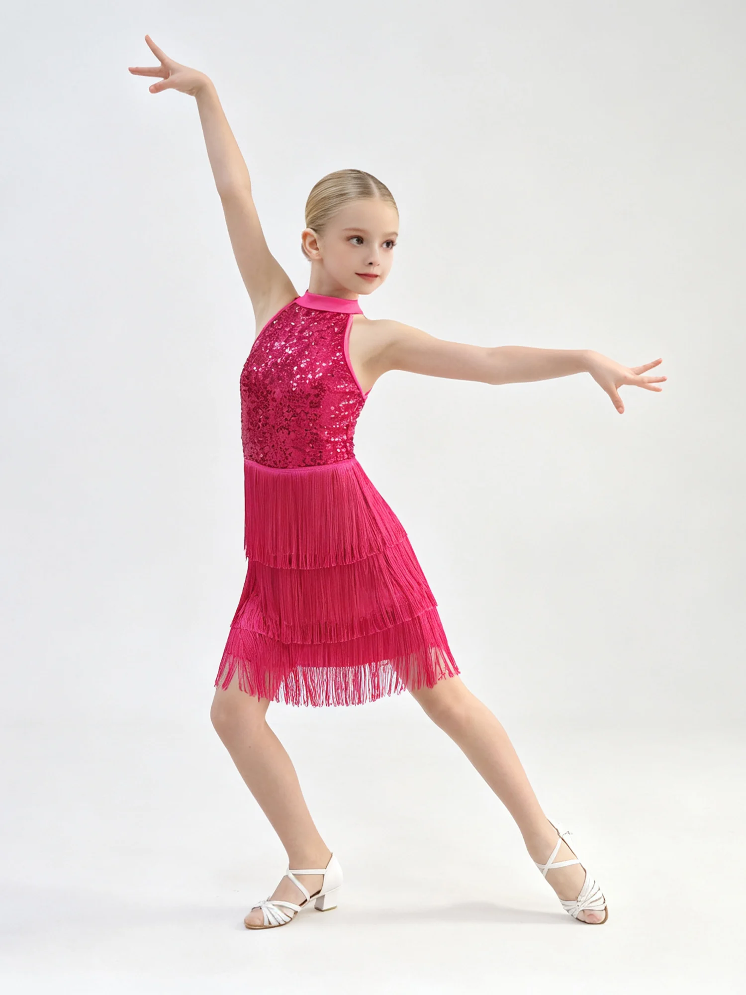 Teen Girls Latin Dance Dress Ballroom Chacha Tango Salsa Dancewear Sleeveless Shiny Sequins Tiered Tassels Dresses with Shorts
