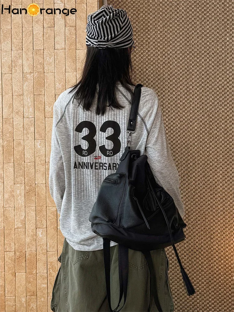 HanOrange Vertical Striped Letter Print T-shirt Women Summer Fashion Contrast Color Loose Soft Tees White/Gray