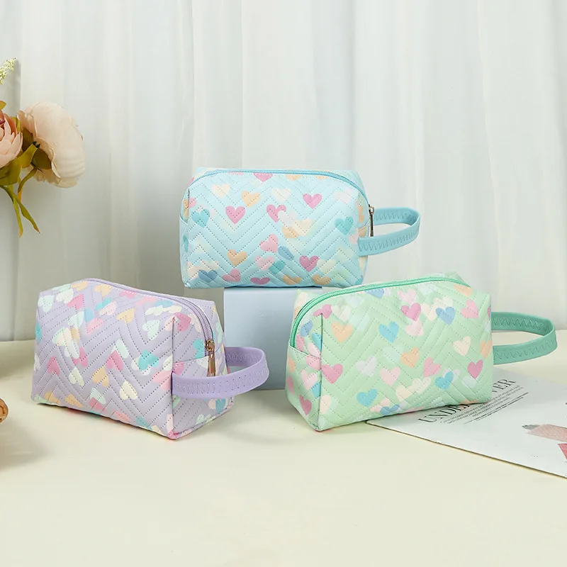 Portable Large Capacity Girls Heart - Shaped Leather Printed Makeup Toiletry Bag for Travel and Daily Use