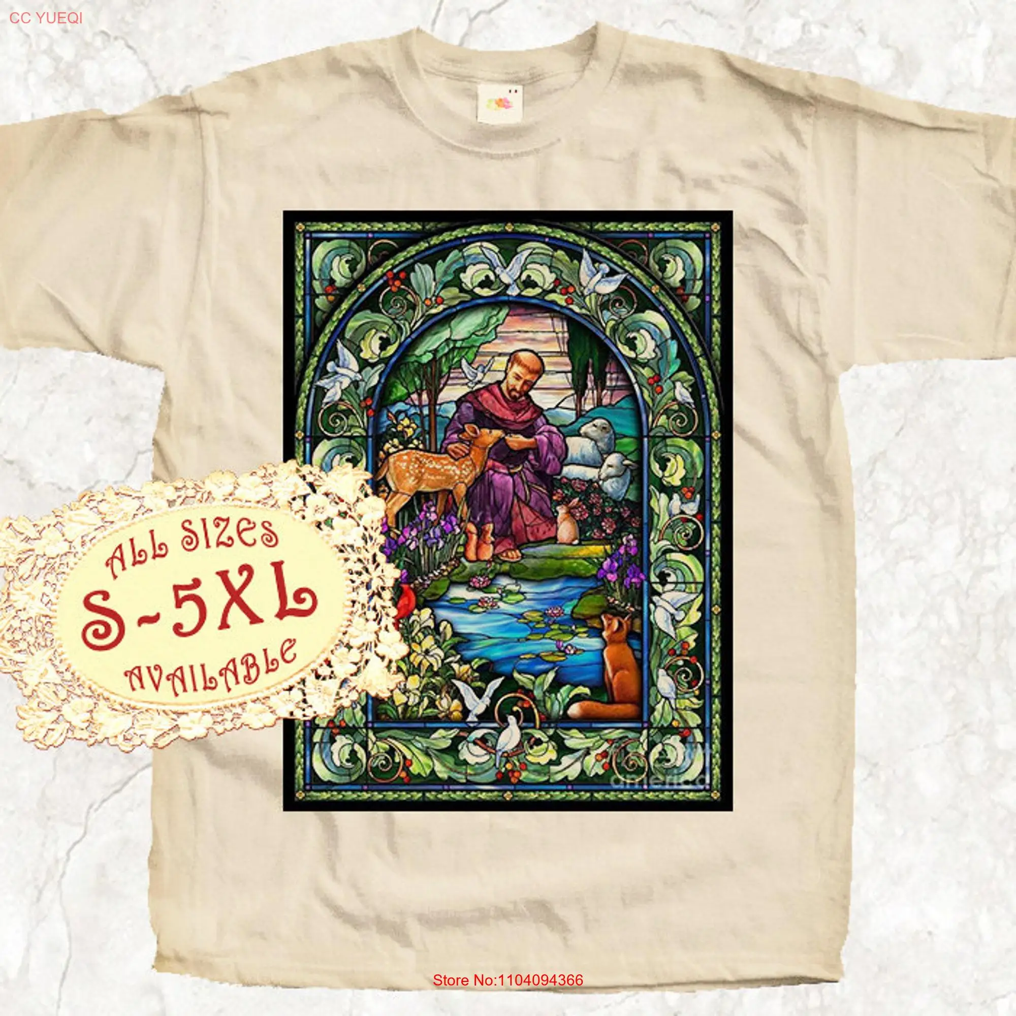 Saint Francis of Assisi stained glass V1 Catolic T SHIRT All sizes S 5XL Religious Christian Catholic TEE Natural