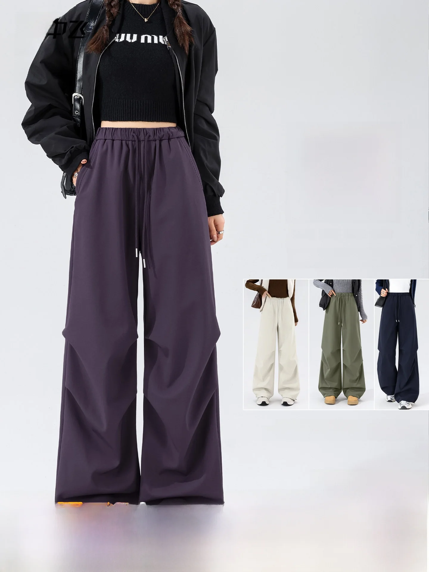 

Warm Fleece Lined Wide Leg Casual Pants Women's Autumn Winter High Waist Slimming Thermal Umbrella Soldier Pants SNOW FLYING