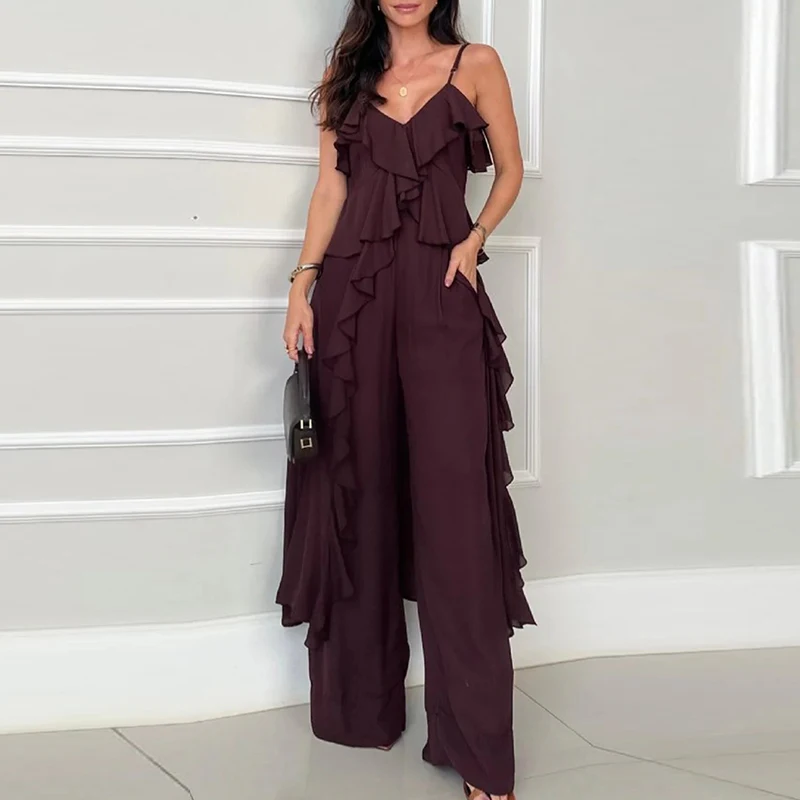 

Temperament Solid V-Neck Suspender Tops&Wide Leg Pants Suit Lady Elegant Solid Ruffles Two Piece Outfits 2025 Women Chiffon Set
