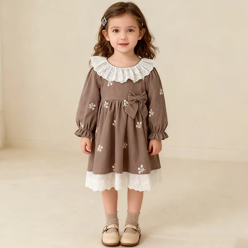 

Girls' Dress with Lace Collar, Embroidered Long Sleeve, New Spring and Autumn Fashionable Children's Dress for Little Girls