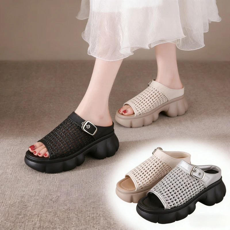 

Женские летние туфли-мюли на платформе с открытым носком, 6 см, из синтетической кожи, в стиле Мэри Джейн, с вырезами, на танкетке