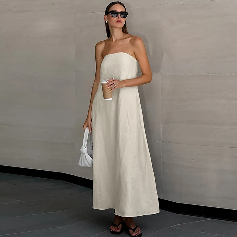 Französisch-Stil frauen Baumwolle-Leinen Trägerlosen Kleid Chic Neue Einfarbig Off-Schulter Backless Sexy Casual Sommer kleider Vestido – Detail 2