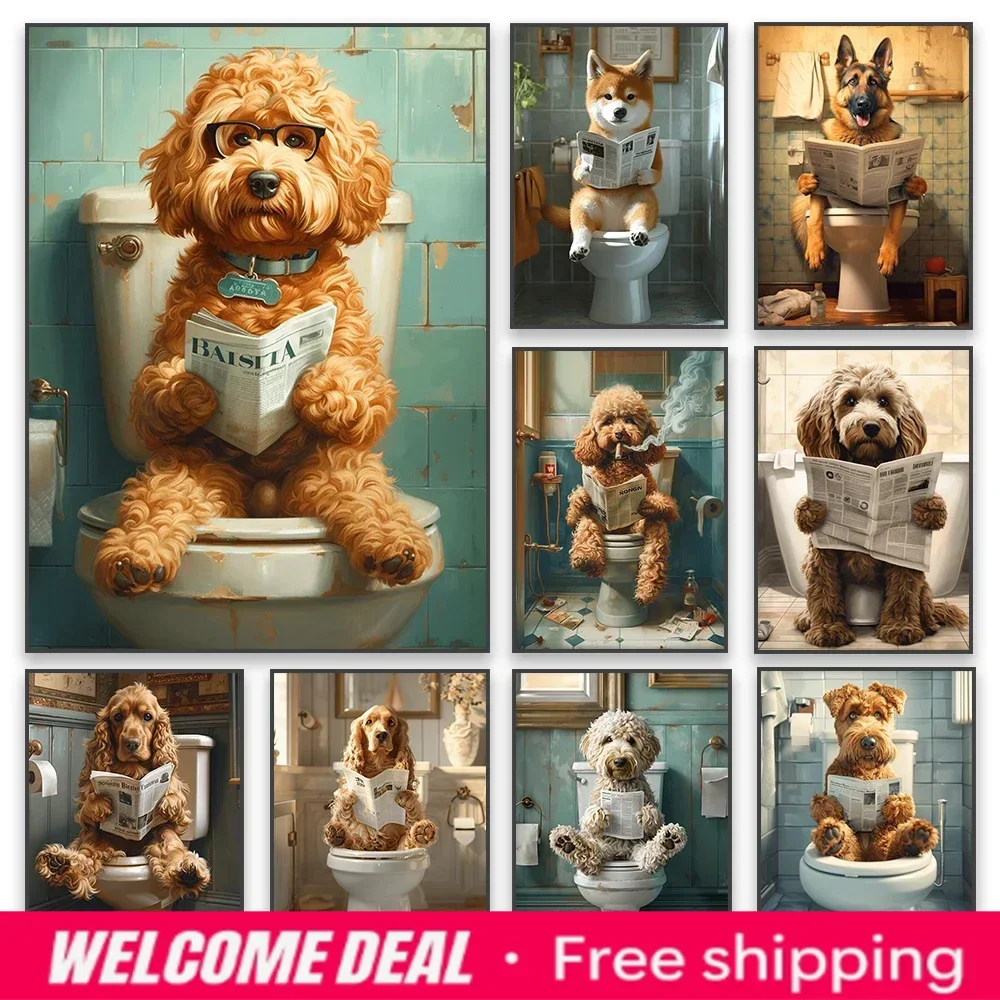 2026  Goldendoodle On The Toilet Canvas Painting Toilet Humor Bathroom Poster Akita On The Toilet And Reading Newspaper Print