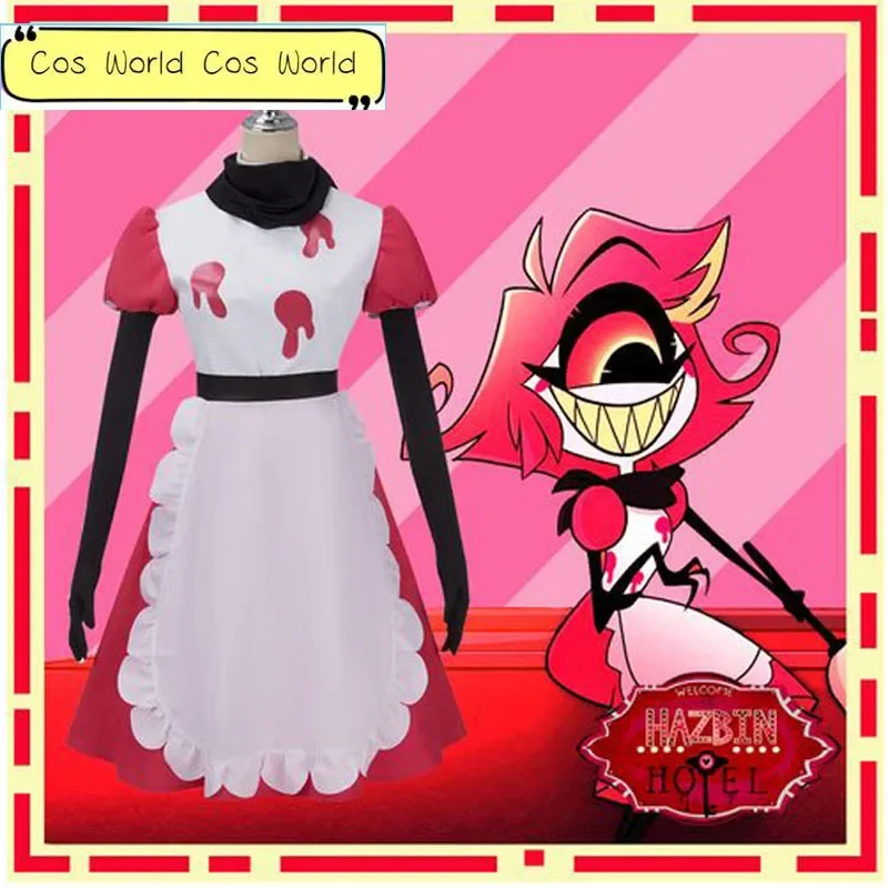 

Niffty Cosplay Pink White Dress With Gloves Outfit Hazbin Maid Skirt Uniform Suit for Halloween Carnival Anime Costume