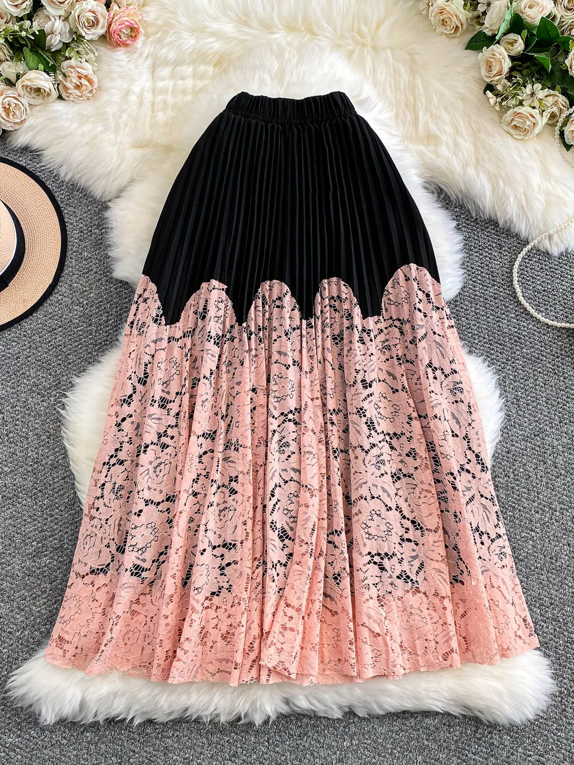 

Ele Lace Splicing Midi Skirt Women's Summer Slimming High Waist Princ Sle Pleated Skirt Pristine Quali Faionable