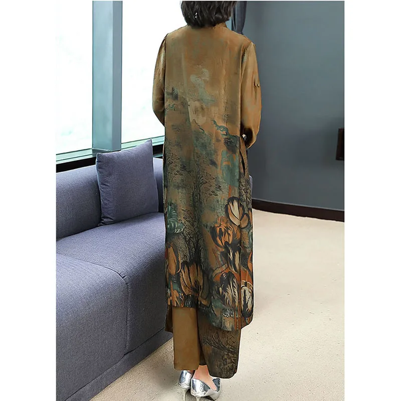 Spring Women's Oversized Two-Piece Wide Suit Mid-Length Loose Wide Leg Trousers Silk Top Nine-Point Wide-Leg Pants Suit Female