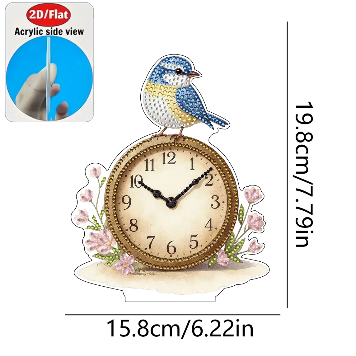 2D Flat 1pc Bird and Flower Clock Acrylic Welcome Plaque Diamond Painting Desktop Ornament Set, Shiny Wall Decor, Holiday Gift - view 2