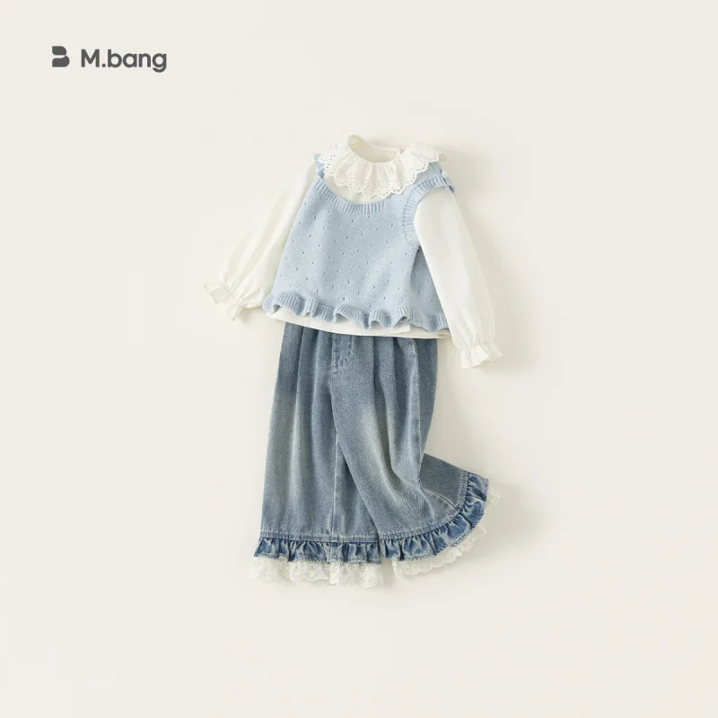 Youbao children's clothing girls' set: solid color knitted vest, white shirt, jeans, stylish three-piece set for kids