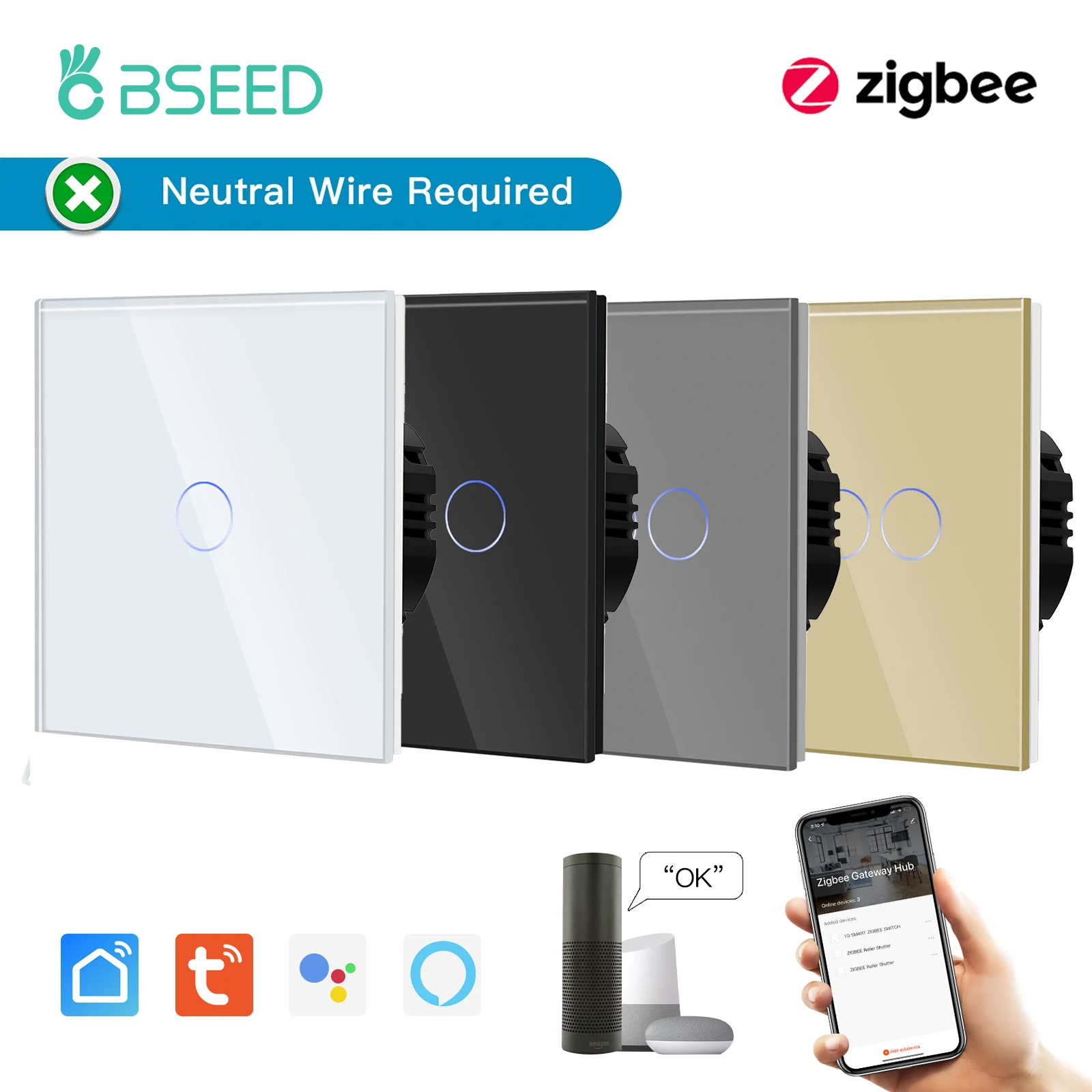 

BSEED Zigbee 1/2/3Gang Touch Switches Smart Wall Light Switch Tuya Google Smart Life Alexa App Control Glass Panel No Neutral