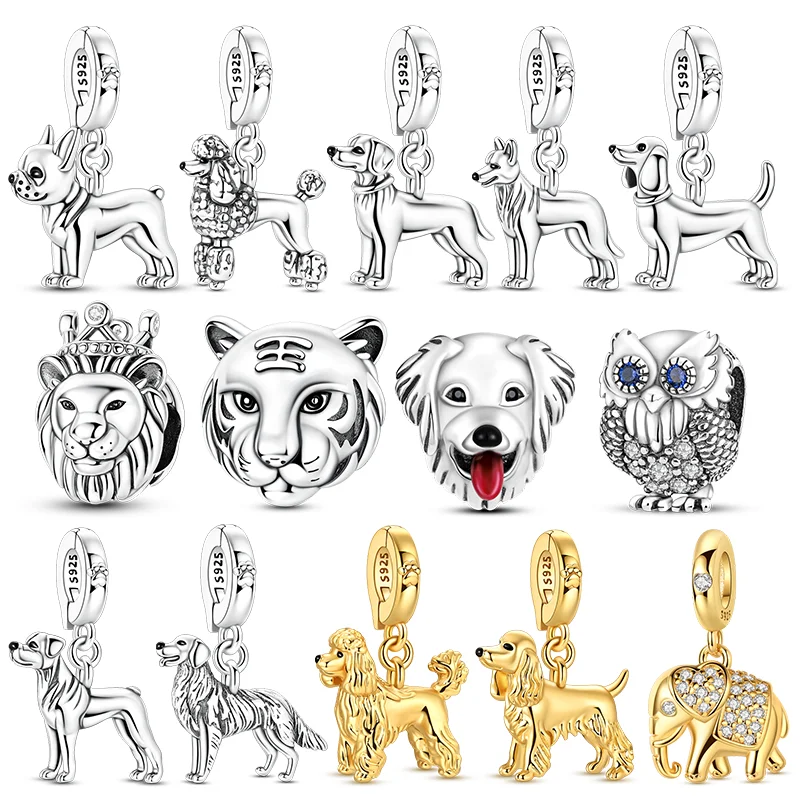 

New IN 925 Sterling Silver Pendant Golden Retriever Tiger Owl Charms Beads Jewelry Fit 925 Original Bracelet For Women DIY Gift