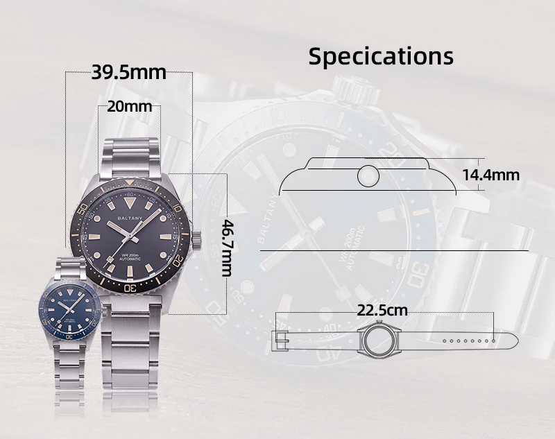 Baltany Men Automatic Watch 39MM Mechanical Wristwatch Military Sapphire Diver 20Bar Waterproof C3 Luminous NH38 Ceramic Bezel