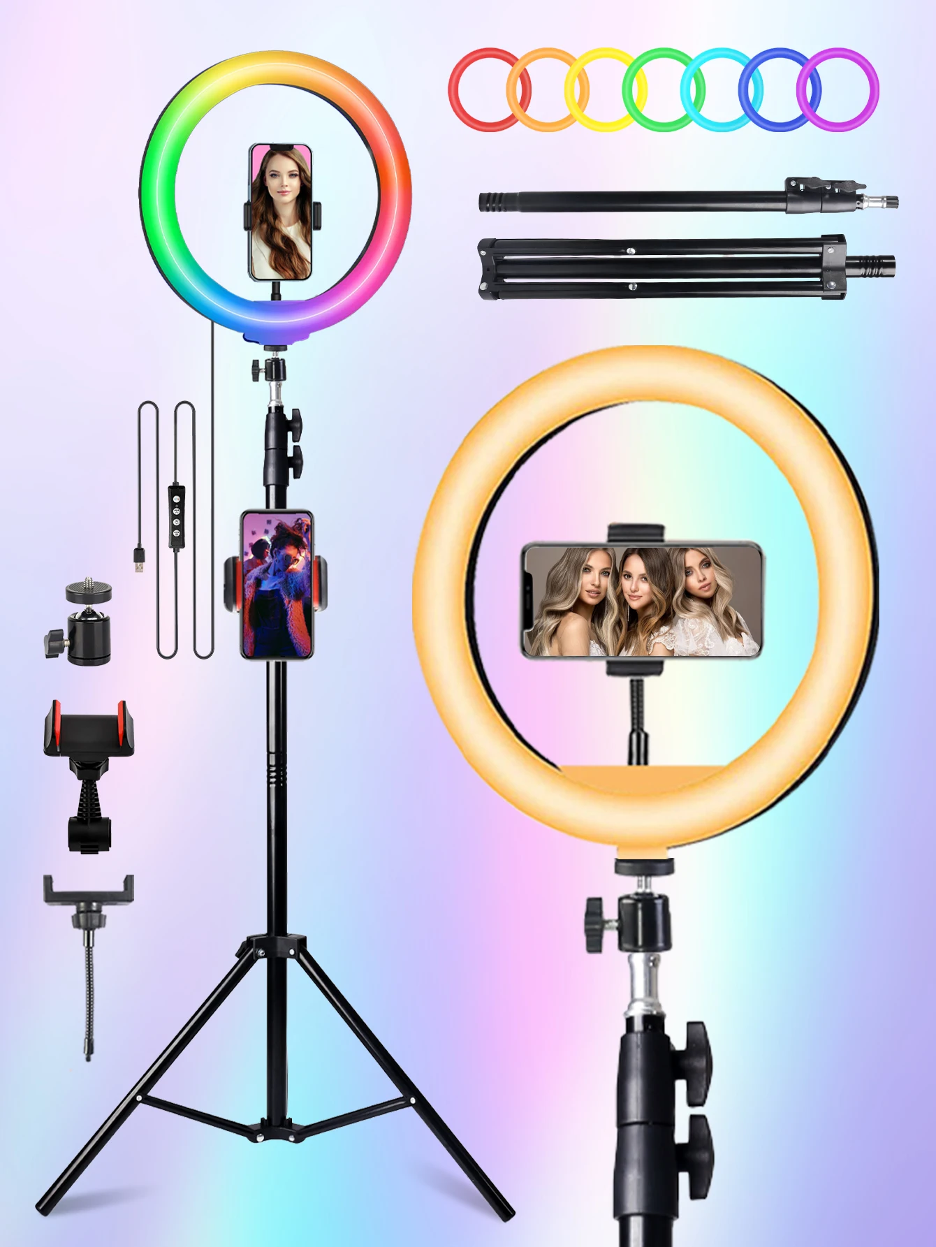 

10 Inch RGB Ring Light, Extendable to 160 cm, Multi-functional Portable Tripod, 38 Adjustable Colors for Live Streaming, Selfie