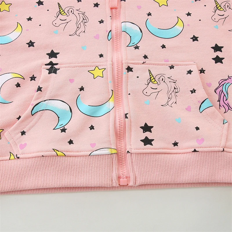 Kurtki dziecięce z kapturem i zamkiem błyskawicznym, popularne wiosenne ubrania dla dziewczynek: skaczące metry, księżyc, jednorożec, jesienne okrycia wierzchnie.