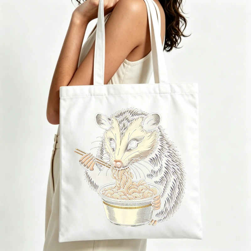 opossum eating noodles graphic canvas tote bag, casual style for daily shopping and casual outings