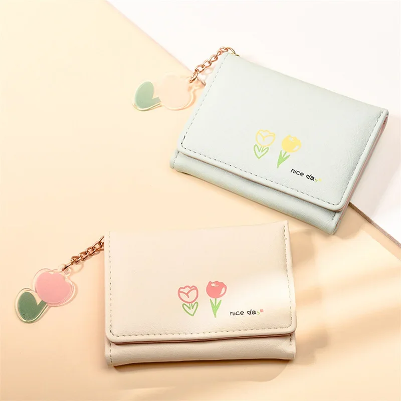 Women Short Wallet Card Wallet Coin Purse, Tulip Pattern, Fashion Multi-slot Wallet with Chain, Women PurseCompact Handy Cartera