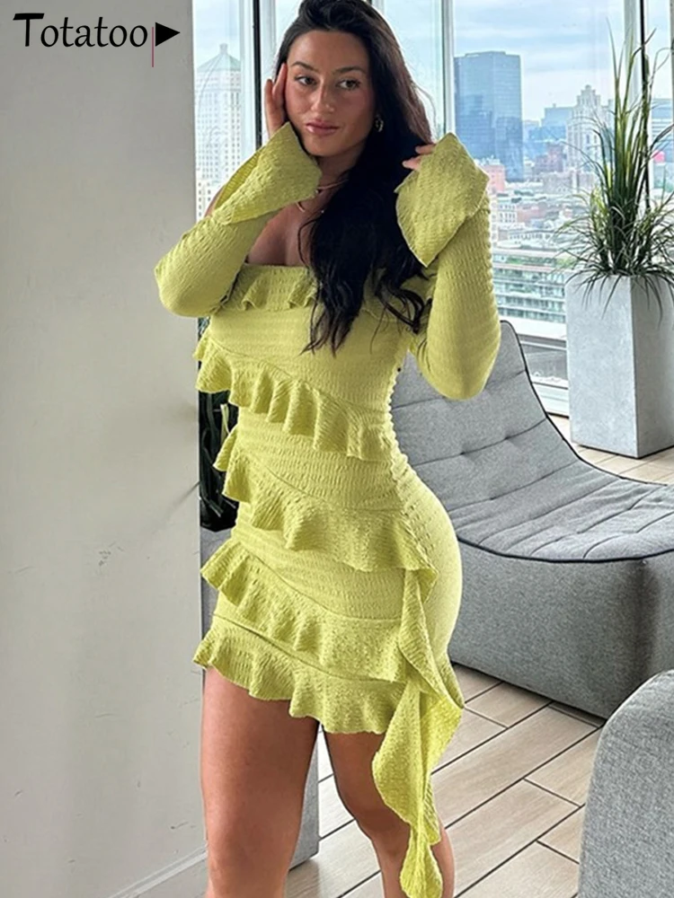 Totatoop Off Shoulder Flare Long Sleeve Ruffles Dress For Women 2024 Summer Autumn Sheer Bandage Mini Dress Elegant Robe